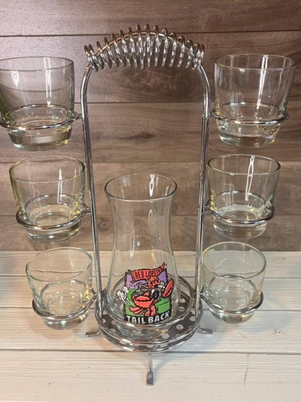 Red Lobster Tail Back Cocktail Pitcher Serving Set W/6 Glasses & Chrome Caddy